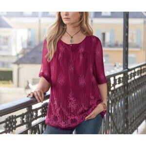 Sundance Women Top Large Maroon Blouse Cora Tunic Embroidered Boho Sheer Lined S